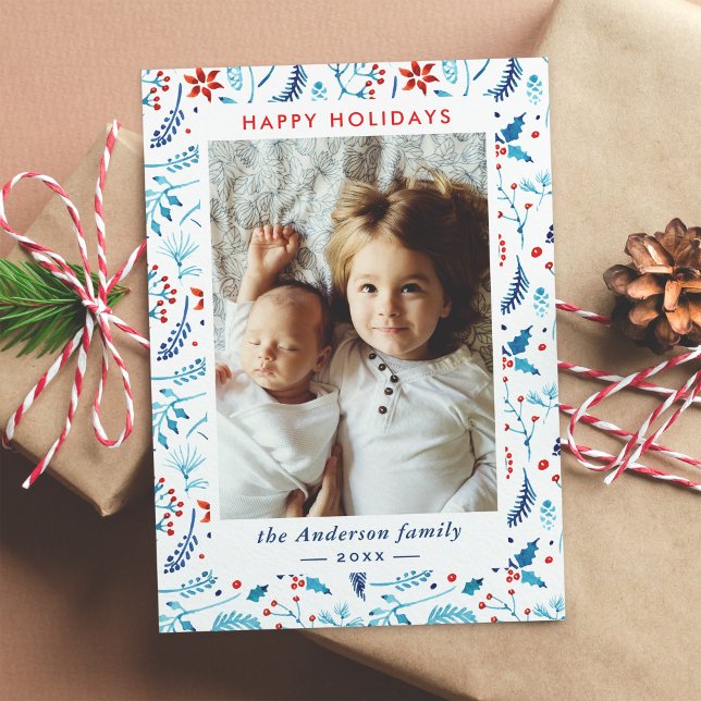 Vattenfärg jul Botaniska berries Photo Ram Julkort (Skapare uppladdad)