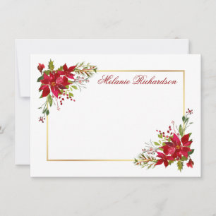 Vattenfärg Jul Floral Poinsettia Röd Guld Anteckningskort