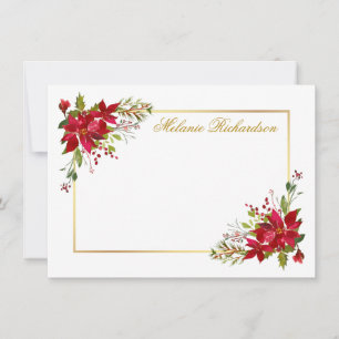 Vattenfärg jul florala röda poinsettia guld anteckningskort