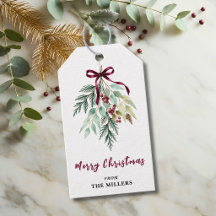 Vattenfärg Jul Grönska Burgunderfärgad Band