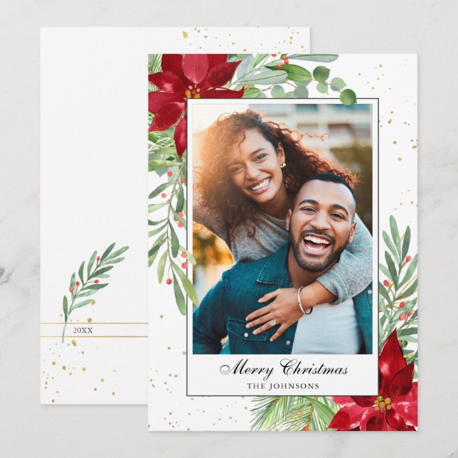 Vattenfärg Jul Grönska Poinsettia Högtid  Julkort (Fram/baksida)