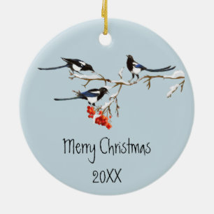 Vattenfärg jul Holly Magpie Bird Nature Art Julgransprydnad Keramik