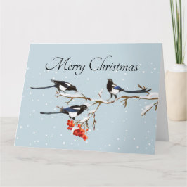 Vattenfärg jul Holly Magpie Bird Nature Art Kort