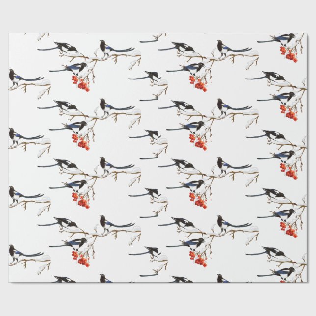 Vattenfärg jul Holly Magpie Bird Nature Art Presentpapper (Seam)