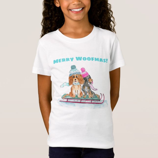 Vattenfärg jul King Charles Spaniels Släde T Shirt (Framsida)