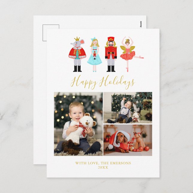 Vattenfärg jul Nutcracker 3 Photo Collage Ho Helg Vykort (Fram/baksida)