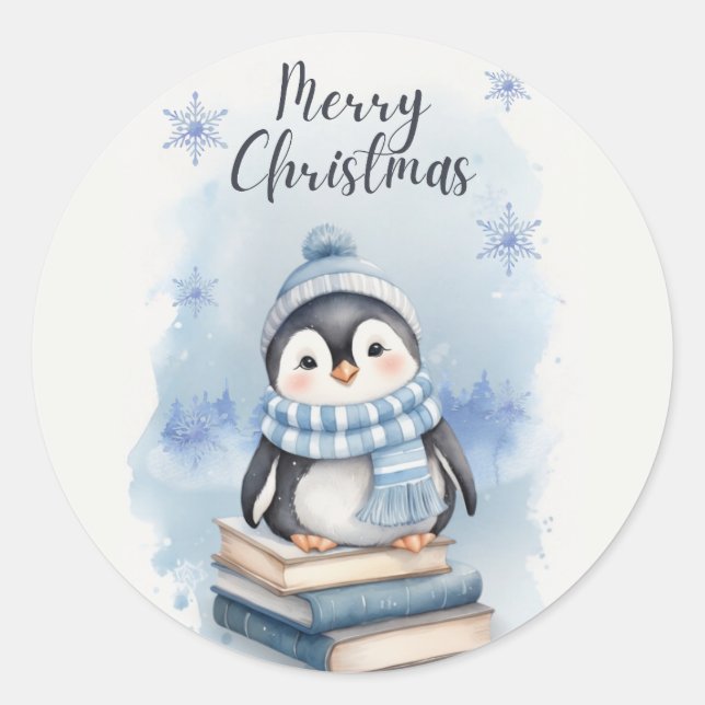 Vattenfärg jul Penguin Runt Klistermärke (Framsida)