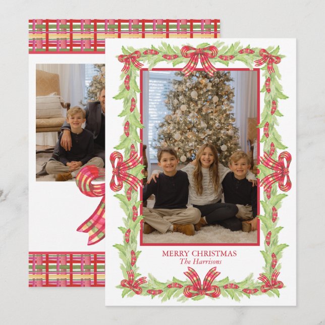 Vattenfärg jul Play Bow Garland Julkort (Fram/baksida)