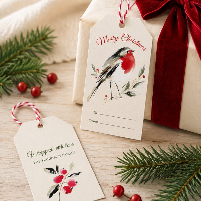 Vattenfärg jul Robin presenttaggar Presentetikett (Skapare uppladdad)