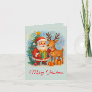 Vattenfärg Jul tomte och renar julkort Helgkort