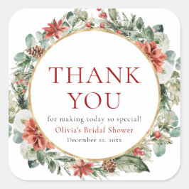 Vattenfärg jul vinter röd guld bröllopsdusch fyrkantigt klistermärke