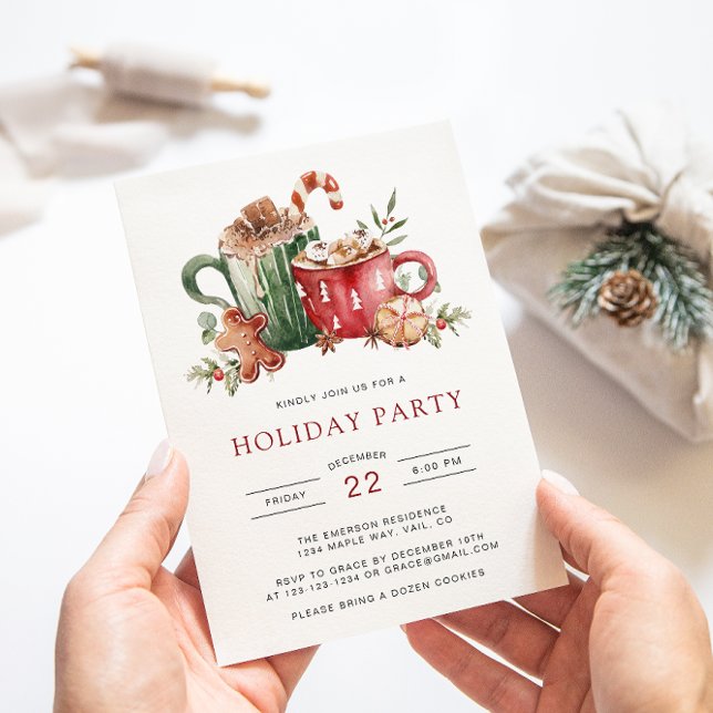 Vattenfärg Julfestinladan Inbjudningar (Festive Holiday Party Invitation | Watercolor Cookies, Cocoa & Greenery by Painted Paperie)