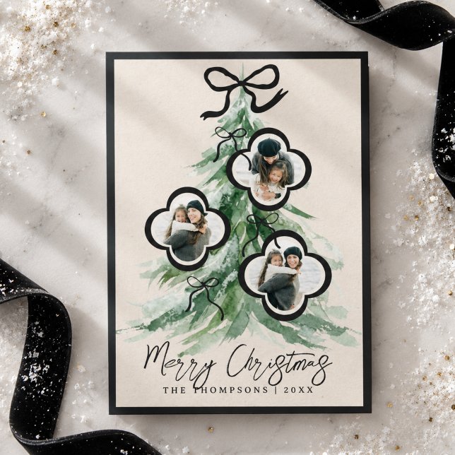 Vattenfärg Julgran Familjefoto Julkort (Watercolor Christmas Tree Family Photo Holiday Card)