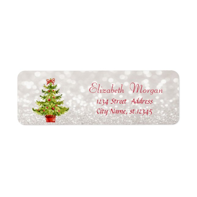 Vattenfärg Julgran, Glittrig Bokeh Returadress Etikett (Framsidan)