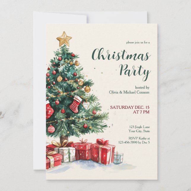 Vattenfärg Julgran Holiday Party Inbjudningar (Framsida)