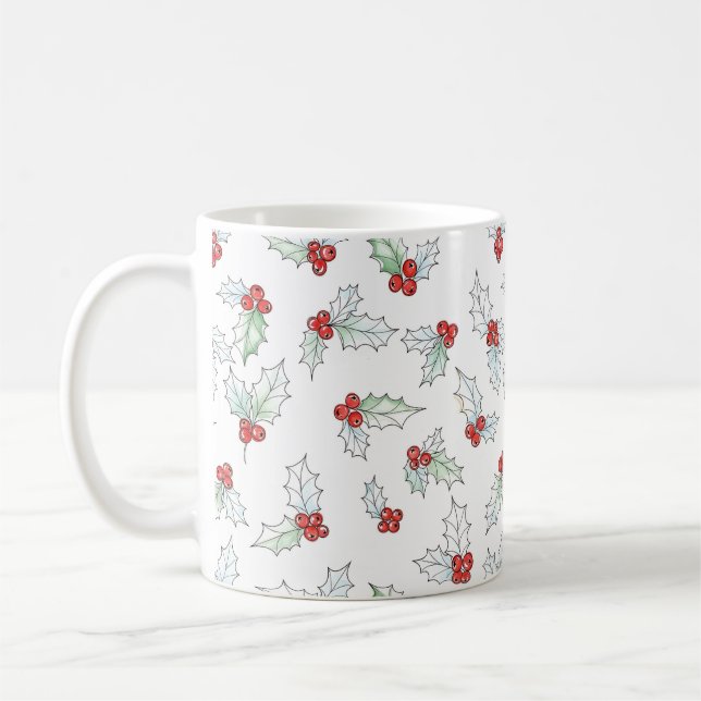 Vattenfärg Julgran Löv och Röda Bär Jul Kaffemugg (Vänster)