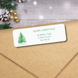 Vattenfärg Julgran med Guld Snö Returadress Etikett