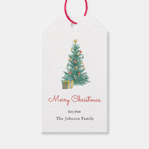 Vattenfärg Julgran Merry jul Presentetikett