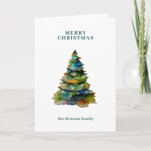 Vattenfärg Julgran Minimalistisk Familj Helgkort