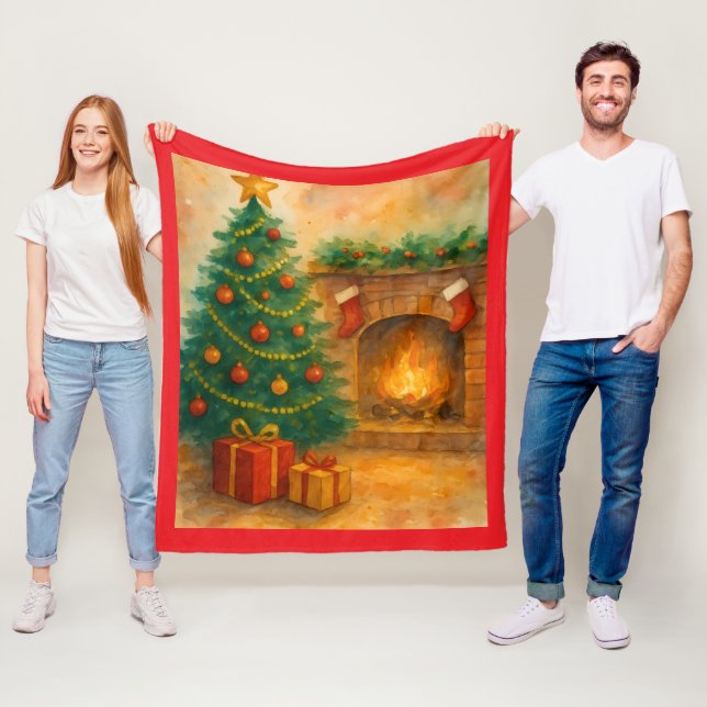 Vattenfärg Julgran & Mysig Öppen Spis Jul Fleecefilt (På plats)