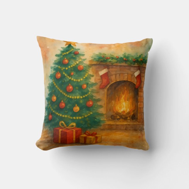 Vattenfärg Julgran & Mysig Öppen Spis Jul Kudde (Framsida)