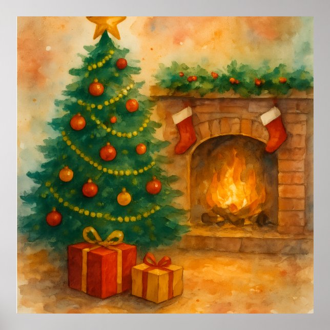 Vattenfärg Julgran & Mysig Öppen Spis Jul Poster (Framsidan)