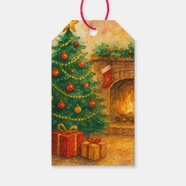 Vattenfärg Julgran & Mysig Öppen Spis Jul Presentetikett