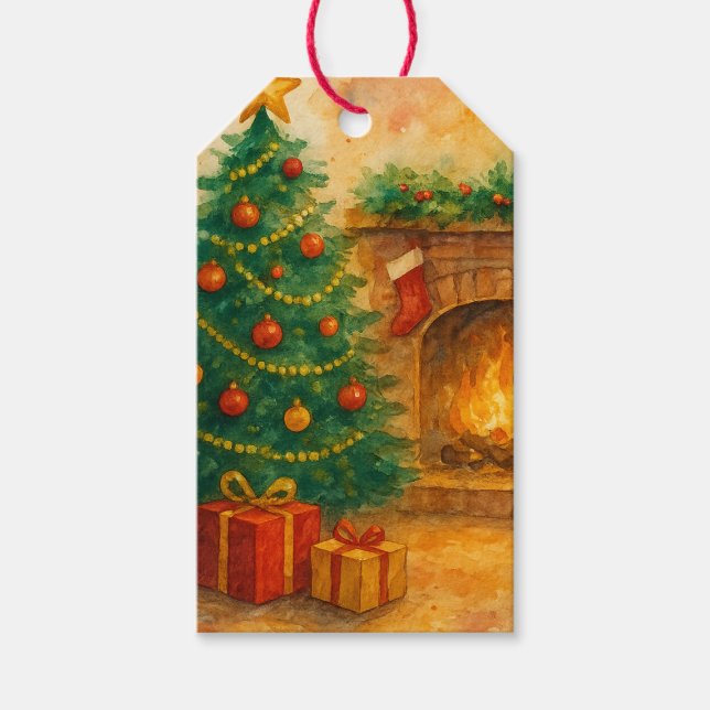 Vattenfärg Julgran & Mysig Öppen Spis Jul Presentetikett (Framsidan)