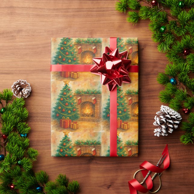 Vattenfärg Julgran & Mysig Öppen Spis Jul Presentpapper (Julgåva)