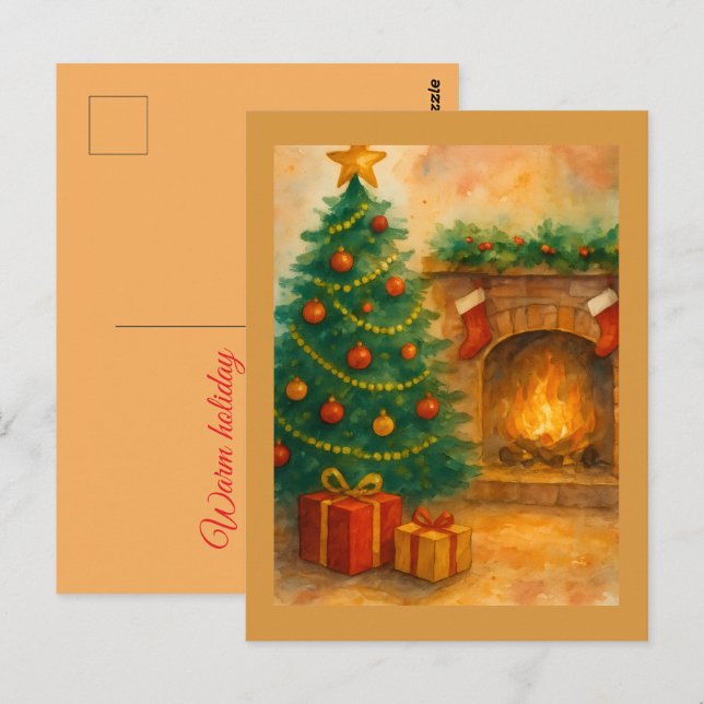 Vattenfärg Julgran & Mysig Öppen Spis Jul Vykort (Fram/baksida)