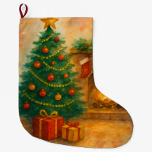 Vattenfärg Julgran & Mysig Öppen Spis Julfirande
