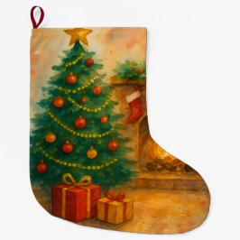 Vattenfärg Julgran & Mysig Öppen Spis Julfirande Stor Julstrumpa