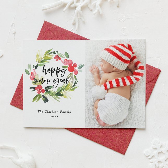Vattenfärg Julgran Nyår Fotografi Julkort (Watercolor Holly Wreath Happy New Year 2025 Photo Holiday Card)