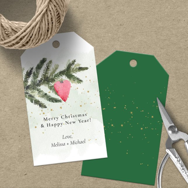 Vattenfärg 🎄 Julgran och rödhjärtsornament Presentetikett (Personalized Merry Christmas and Happy New Year Gift Tags with Watercolor Branch and Heart Ornament)