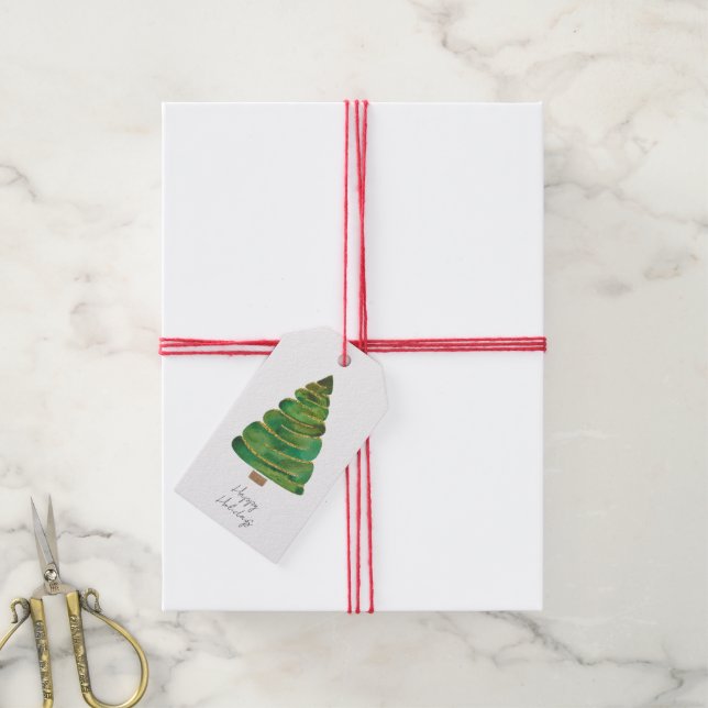 Vattenfärg Julgran Presentmärke - Anpassningsbar Presentetikett (Med Snöre)