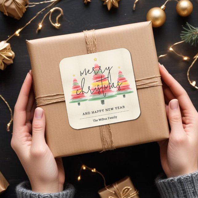Vattenfärg Julgranar Fyrkantigt Klistermärke (Merry Christmas Watercolor Stripes Christmas Trees 3" Square Stickers)