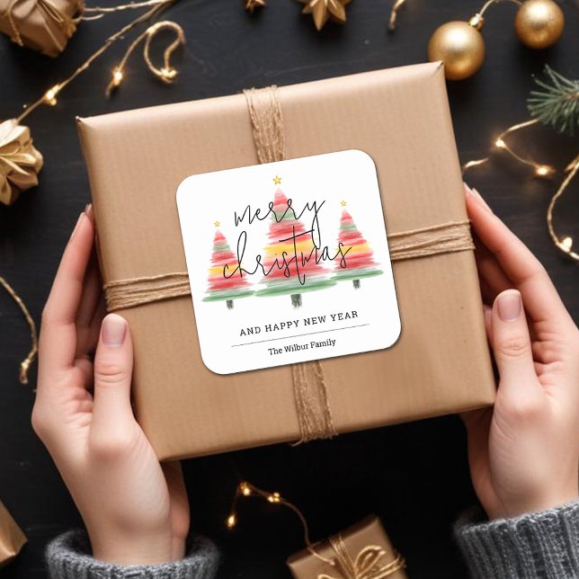 Vattenfärg Julgranar Fyrkantigt Klistermärke (Merry Christmas Watercolor Christmas Trees Square 3" Stickers)
