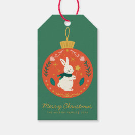 Vattenfärg julgrannsak ornament kanin  presentetikett