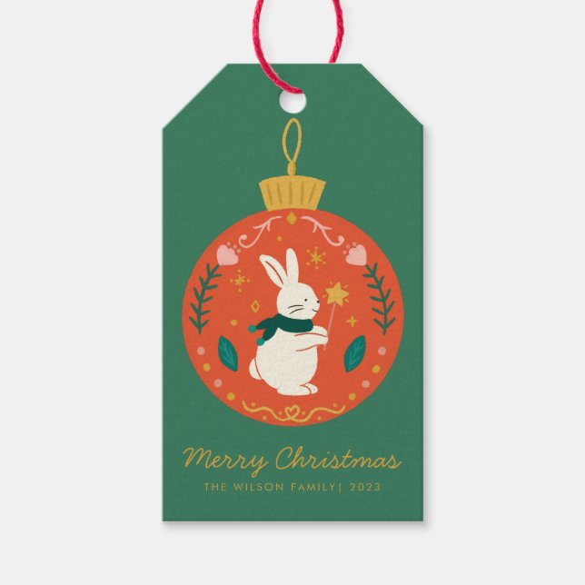 Vattenfärg julgrannsak ornament kanin  presentetikett (Framsidan)