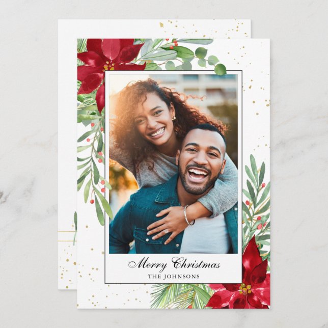 Vattenfärg julgrönska Poinsettia Högtid  Julkort (Fram/baksida)