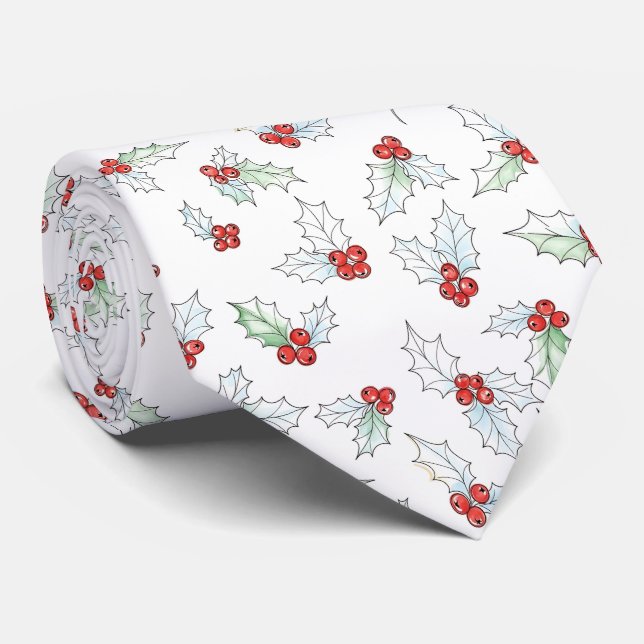 Vattenfärg Julihjärtans blad och röda bär Slips (Rullad)