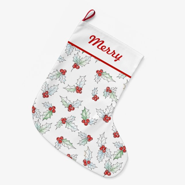Vattenfärg Juliholly Blad och Röda Bär  Stor Julstrumpa (Framsidan (Hängande))
