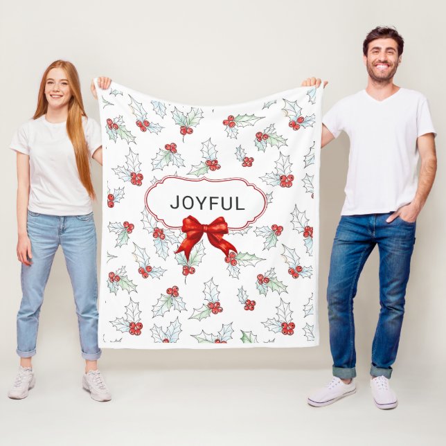 Vattenfärg Julihollyblad och röda bär Anpassad  Fleecefilt (På plats)