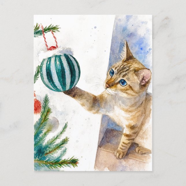 Vattenfärg Julkatt med Prydnad Postkort Helg Vykort (Framsida)