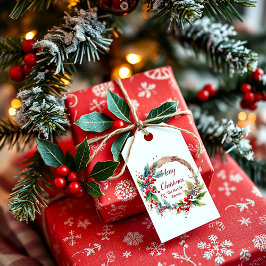 Vattenfärg julkrans med järnek personlig jul presentetikett