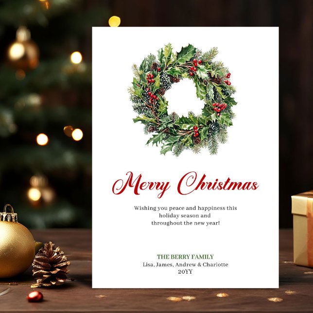 Vattenfärg Julkrans Röd Grön Hälsning  Julkort (Watercolor Christmas Wreath Red Green Greeting Card)