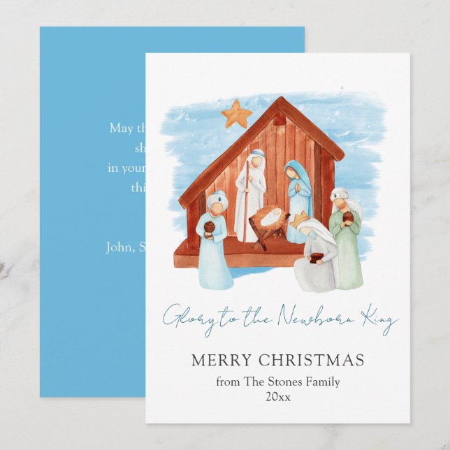 Vattenfärg Julkrubba Ära åt den nyfödde kungen Julkort (Fram/baksida)