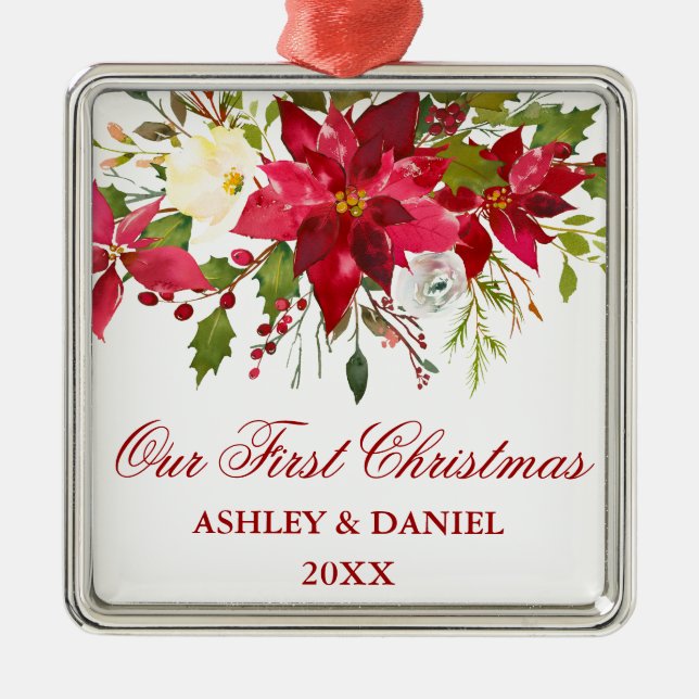 Vattenfärg Julstjärna Blommig Första Julen Julgransprydnad Metall (Framsidan)