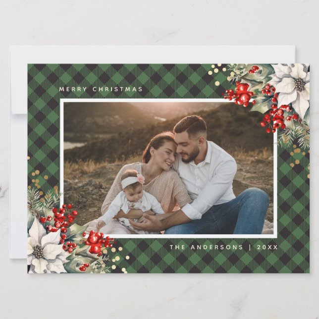 Vattenfärg julstjärna järnek grön foto jul julkort (Framsida)