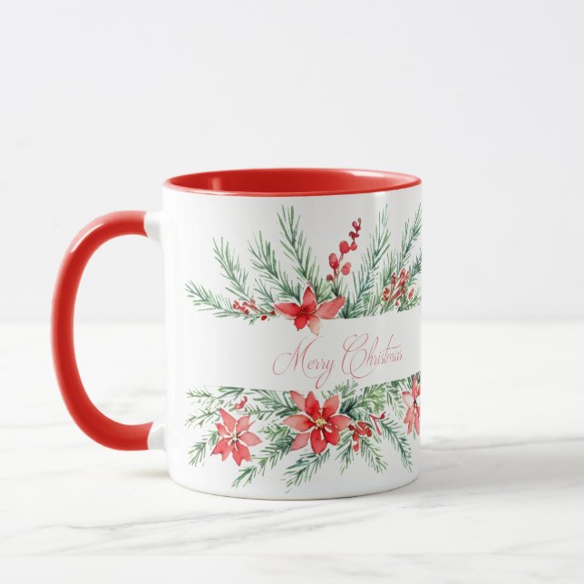 Vattenfärg julstjärna och grönska jul mugg (Vänster)
